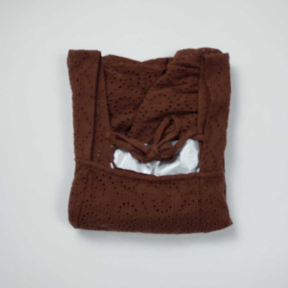 BOG Band Of The Free Eyelet Crop Top Women Medium Walnut Brown Boho Puff Sleeves - Picture 15 of 16